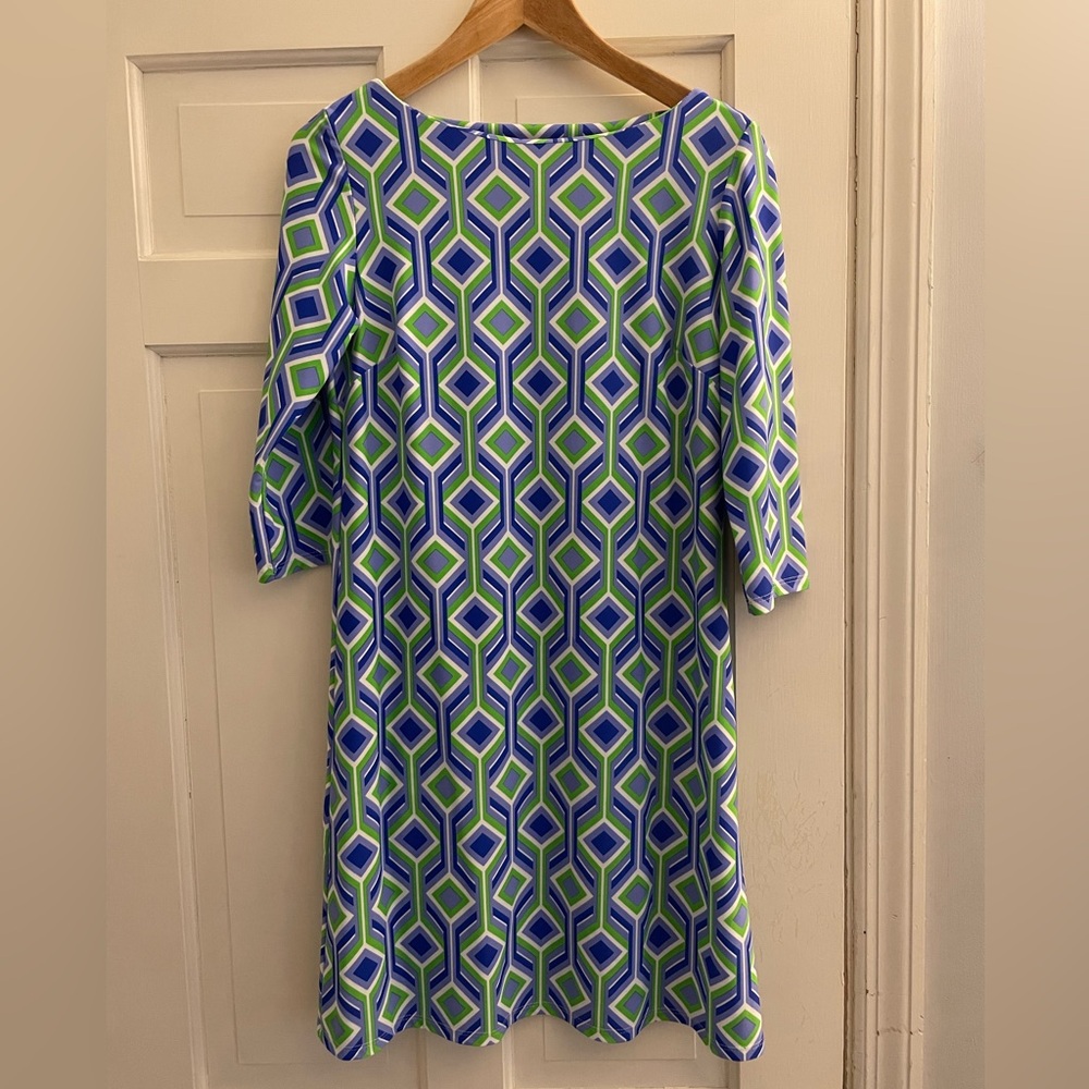 Jude Connally Green and Blue Sheath Dress with Raglan Sleeves